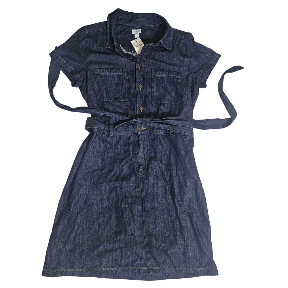 J.Crew Denim Shirt Dress Dark Rinse Blue Cotton Belted Mini BY042 Womens 10 NWT